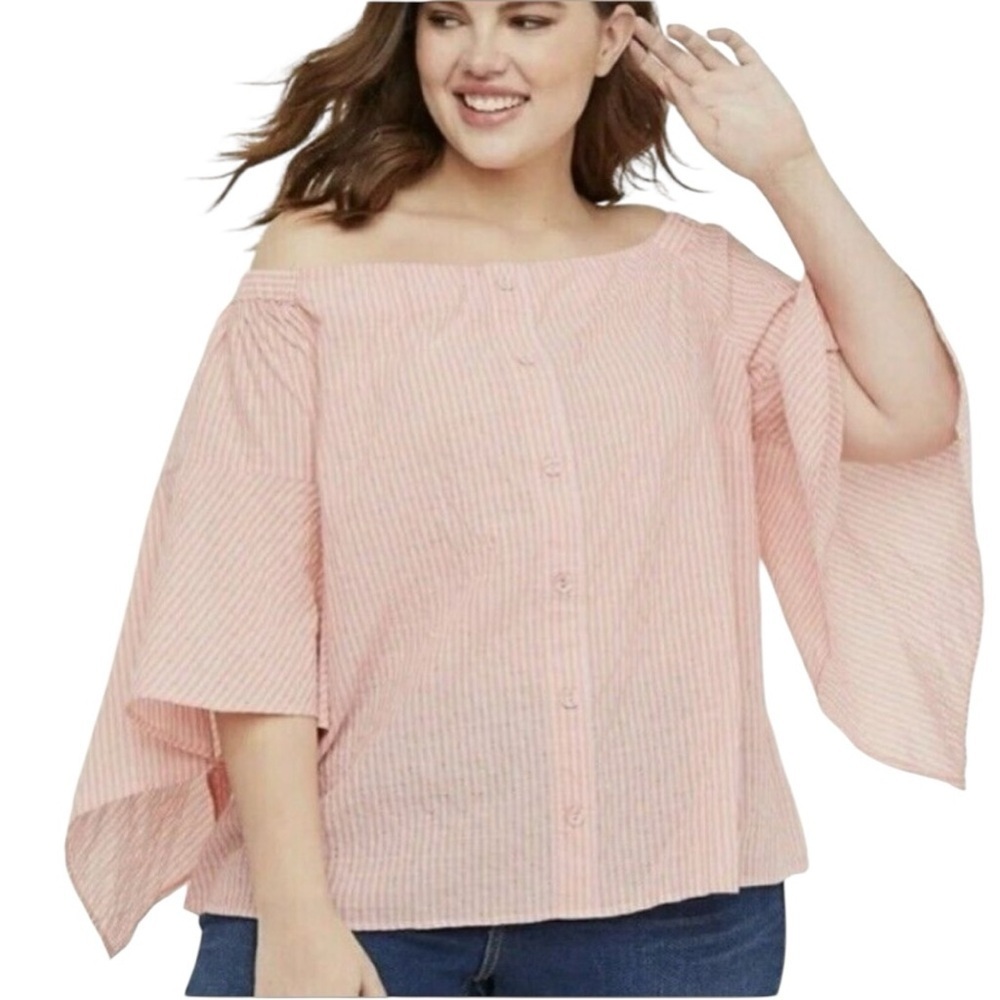 Lane Bryant Womens Orange & Pink
Striped Off The Shoulder Bell
Sleeve Top 26/28
